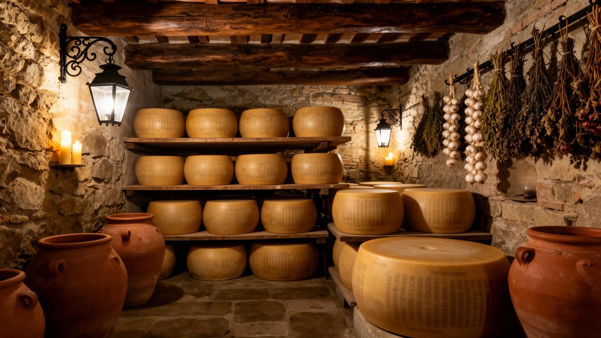 Ancient Italian stone cheese cellar with massive wheels of Parmigiano and pecorino on wooden shelves, terracotta pots, and wrought iron lanterns
