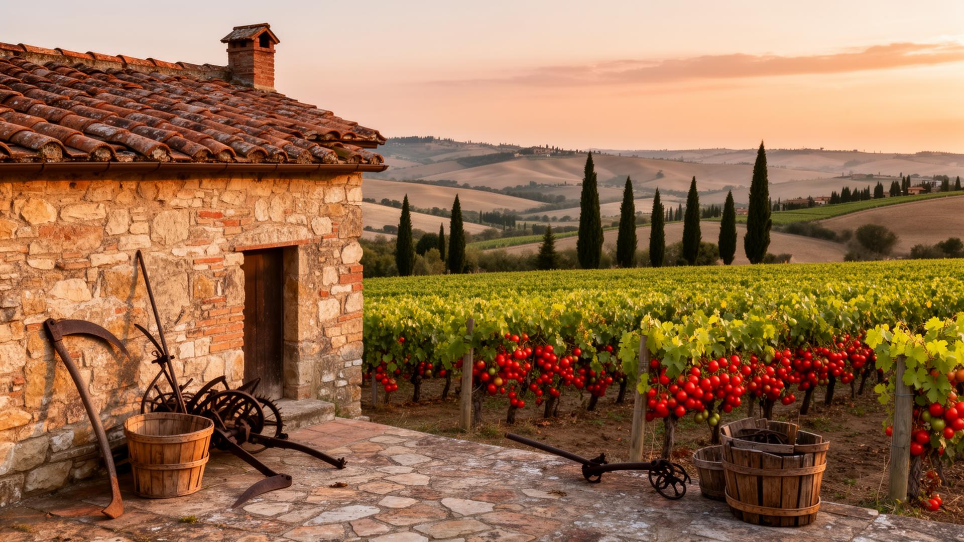 Old Italian stone farmhouse courtyard with terracotta roofs, tomato fields and grape vines, antique farming equipment and cypress trees at sunset