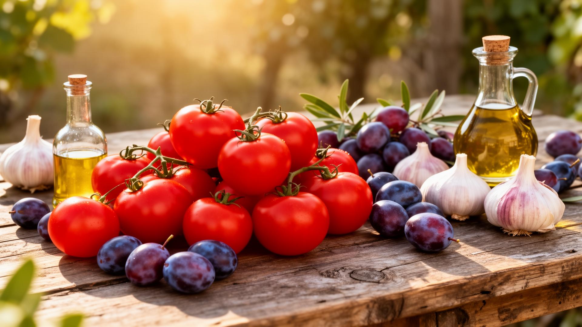 Italian harvest table with tomatoes, plums, garlic and olive oil