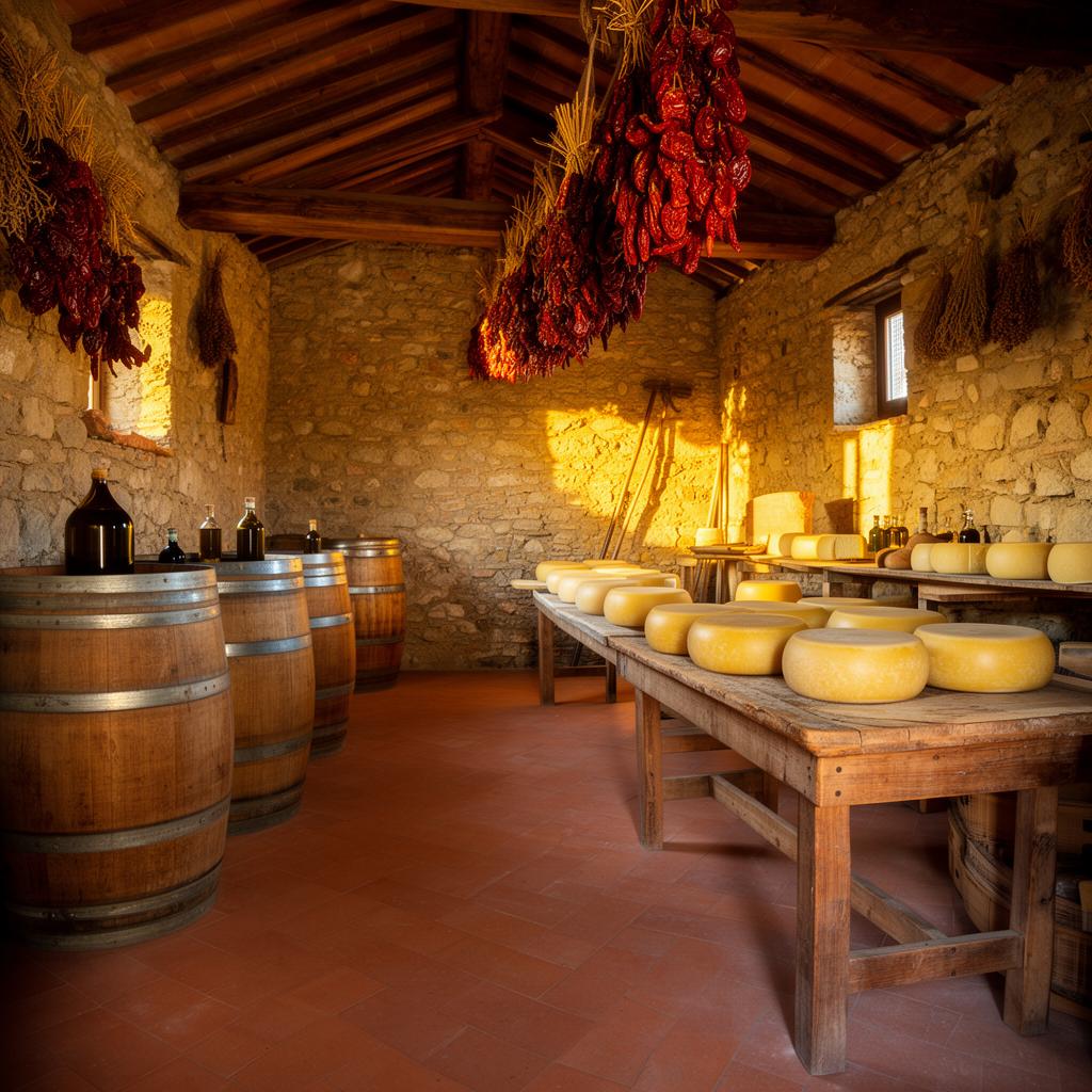 Old Italian countryside storage barn with wooden barrels of wine and olive oil, wheels of aged cheese, and dried produce hanging from beams