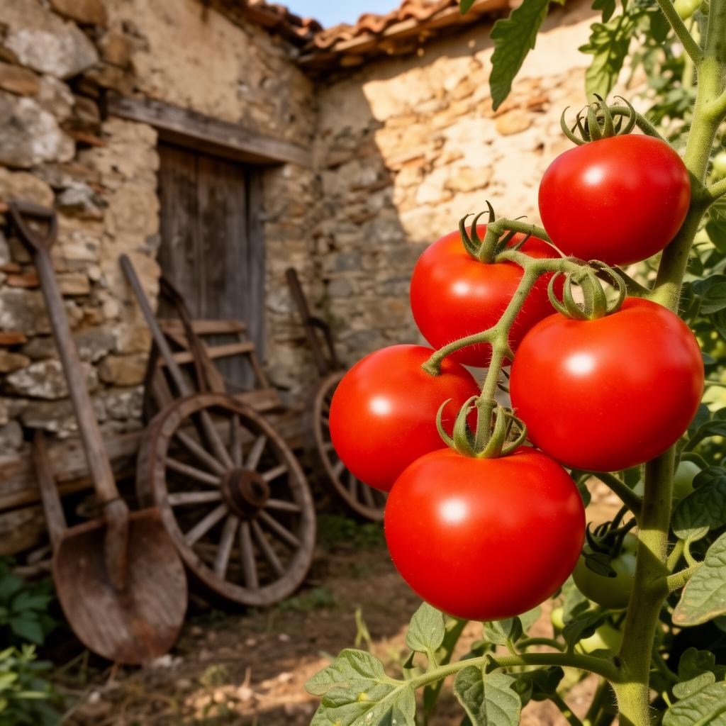 Close-up of ripe red plum tomatoes on the vine in an old Italian countryside farm with weathered stone walls and vintage wooden farming tools